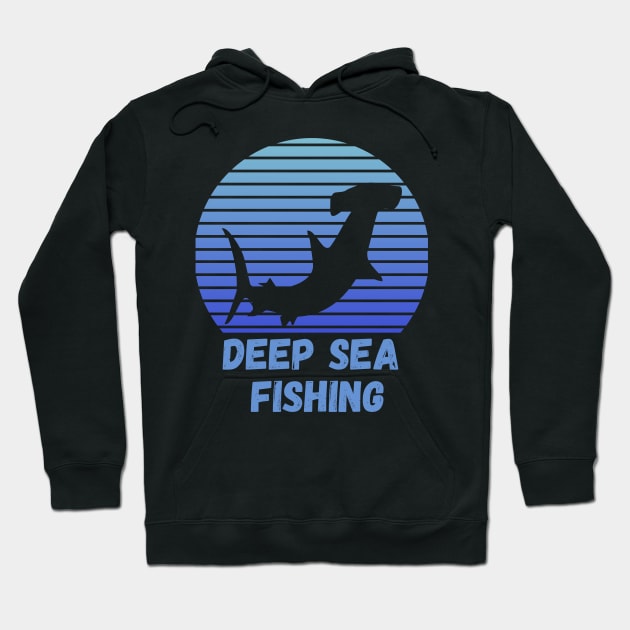 Deep Sea Fishing, Blue Retro Sunset Hammerhead Hoodie by Grove Designs